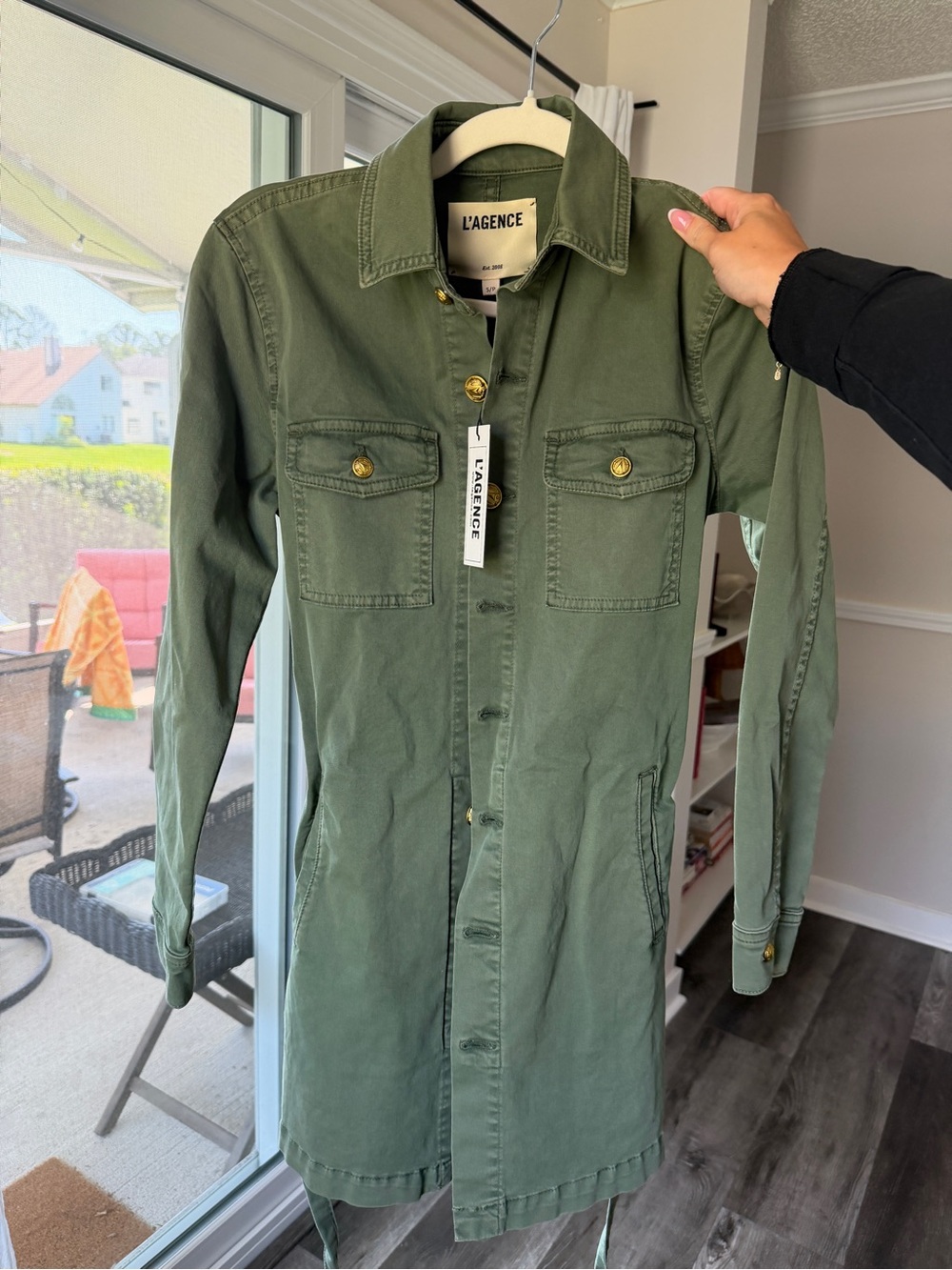 L'AGENCE Olive Green Utility Shirt Dress / Jacket with Belt and Gold Buttons - Picture 6 of 11